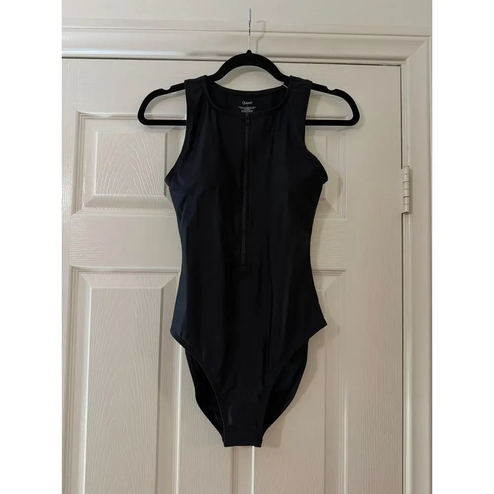 quince italian zip front one-piece swimsuit black, women size small